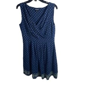 Lands End Polka Dot Fit & Flare Dress Medium Blue Green Faux Wrap Front